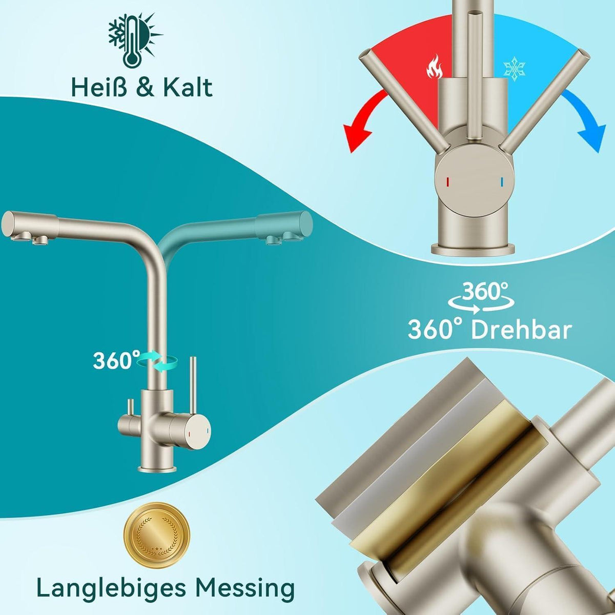 3-Wege Küchenarmatur mit Trinkwasserfunktion Edelstahl