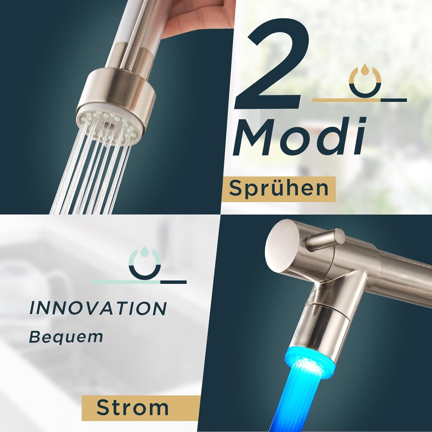 FORIOUS LED Wasserhahn Küche Edelstahl 360° Schwenkbarkeit Doppelspray