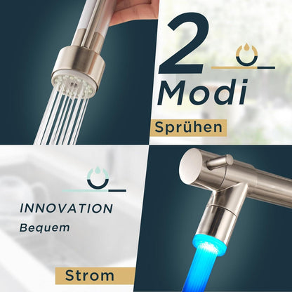 FORIOUS LED Wasserhahn Küche Edelstahl 360° Schwenkbarkeit Doppelspray