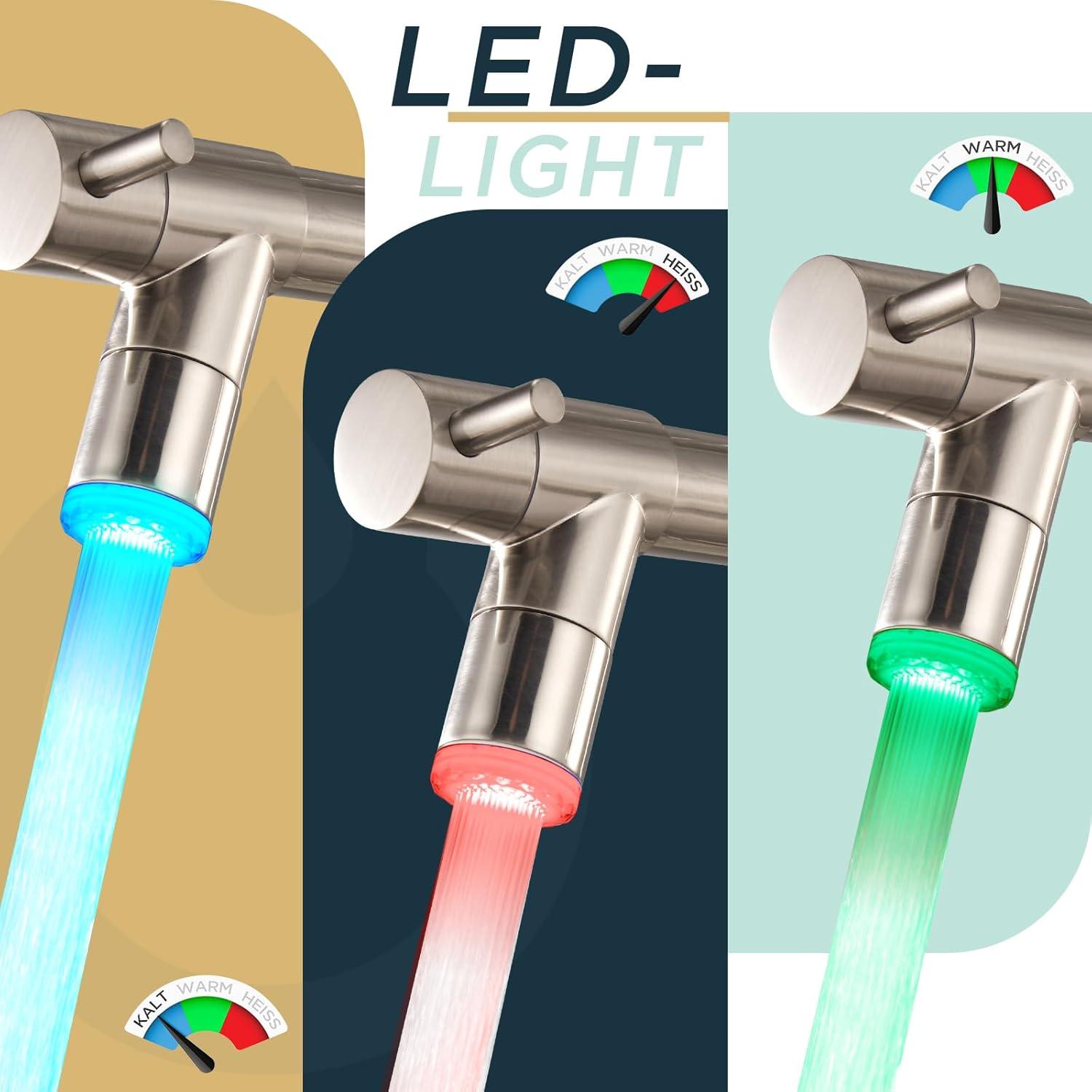 FORIOUS LED Wasserhahn Küche Edelstahl 360° Schwenkbar Doppelspray