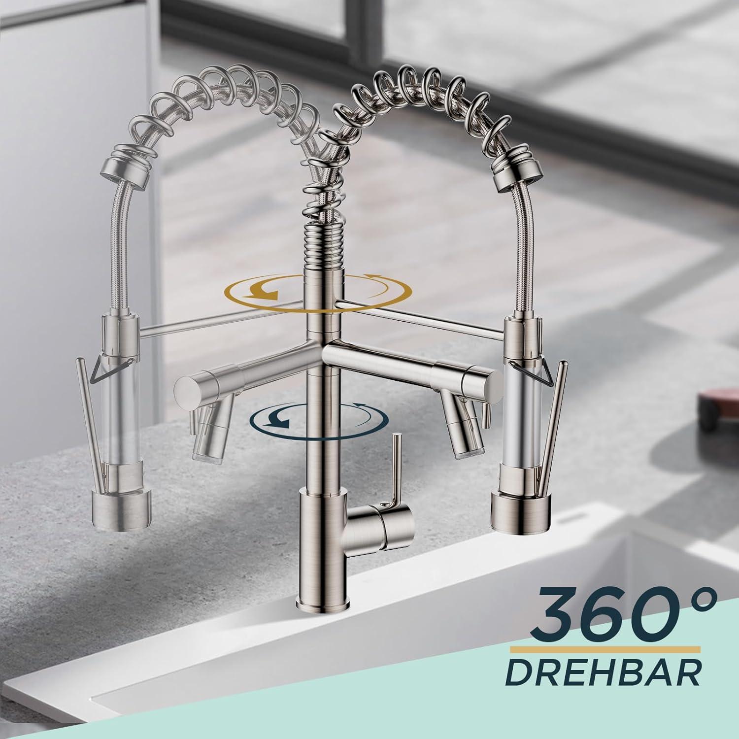 LED Wasserhahn Küche Edelstahl Zweigriff-Mischbatterie Doppelspray