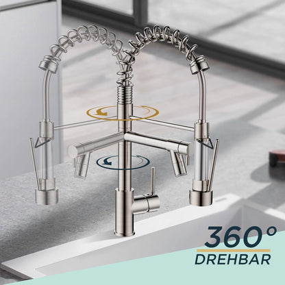 LED Wasserhahn Küche Edelstahl Zweigriff-Mischbatterie Doppelspray