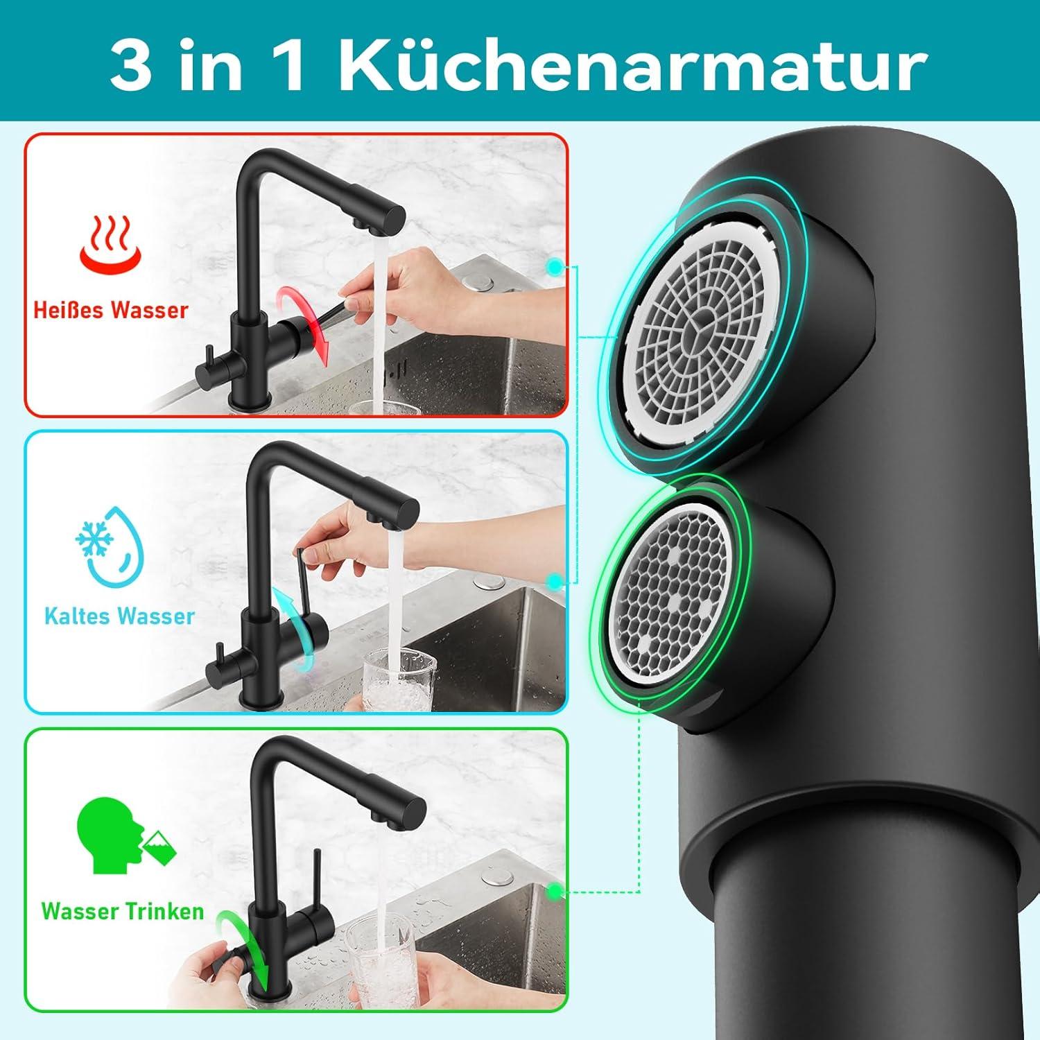 FORIOUS Schwarz 3-Wege Wasserhahn Mischbatterie Küche