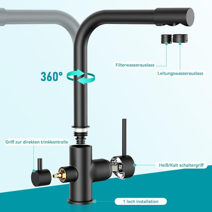 Wasserhahn Küche Schwarz 3-Wege Mischbatterie Edelstahl Spülarmaturen