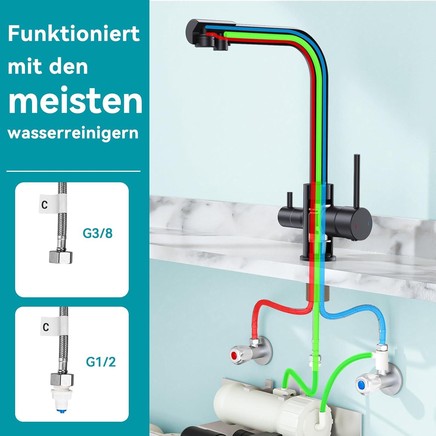 FORIOUS Schwarz 3 Wege Wasserhahn Küche mit Trinkwasserauslauf