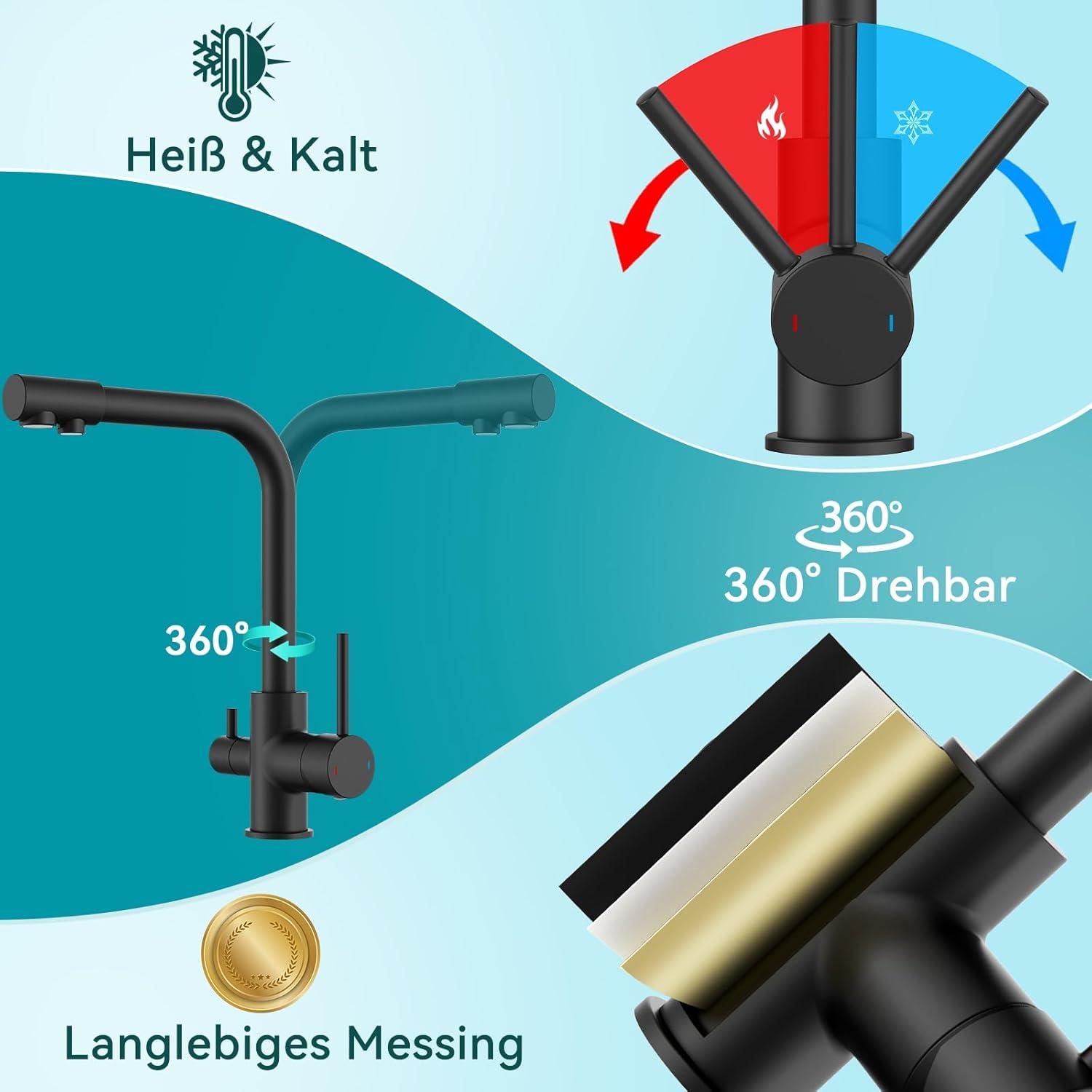 FORIOUS Schwarz 3 Wege Wasserhahn Küche Mischbatterie Edelstahl trinken