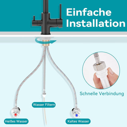 FORIOUS Schwarz 3 Wege Wasserhahn Küche Mischbatterie Edelstahl trinken
