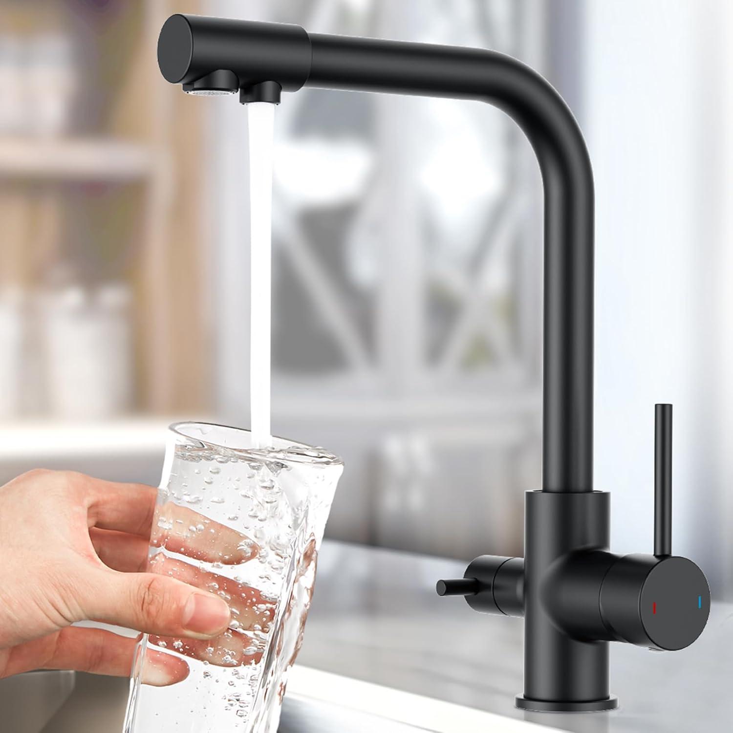 FORIOUS Schwarz 3 Wege Wasserhahn Küche mit Trinkwasserauslauf