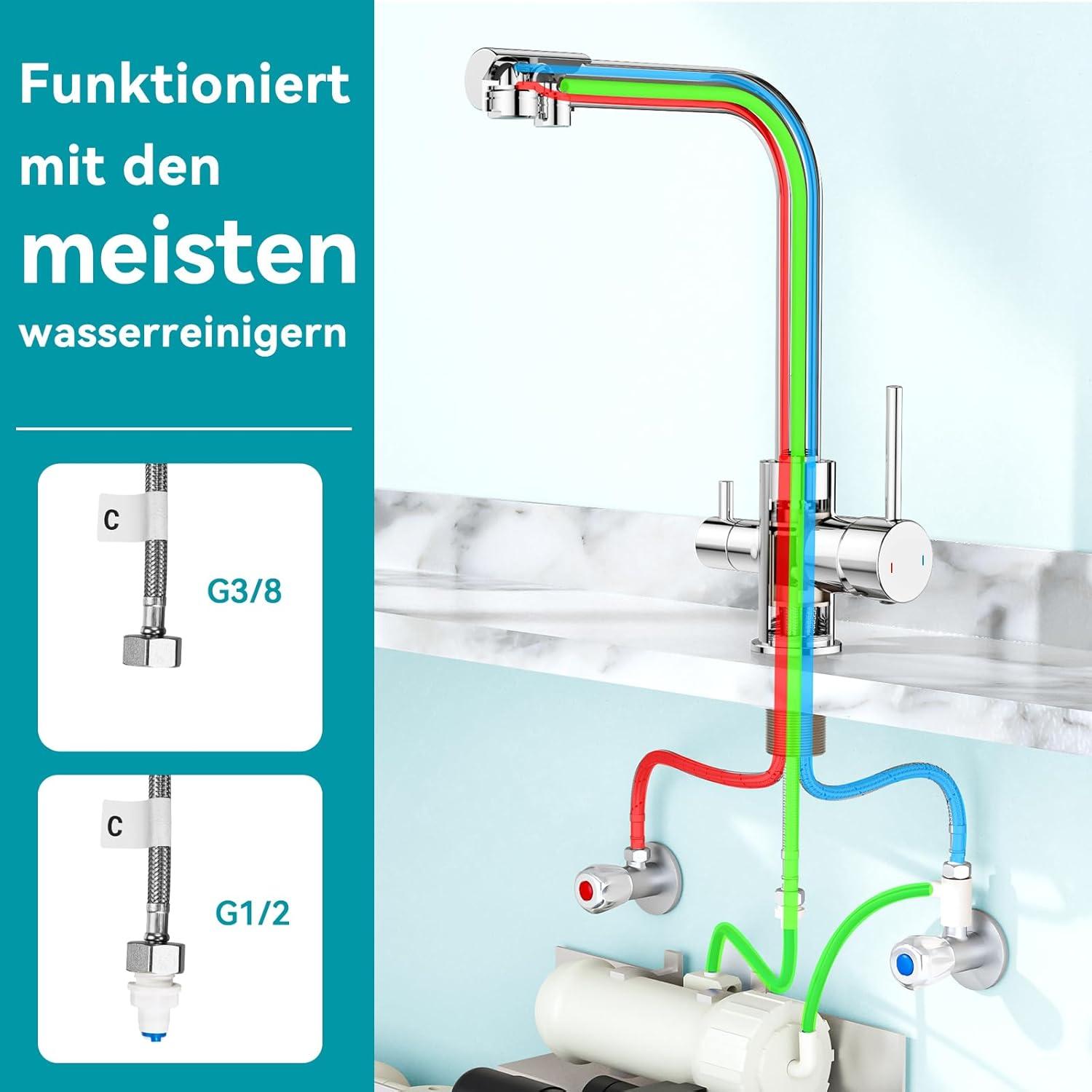 FORIOUS 3 Wege Wasserhahn Mischbatterie Edelstahl mit Trinkwasserauslauf