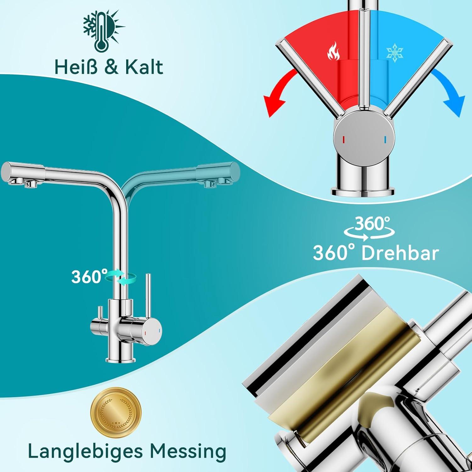 FORIOUS 3 Wege Wasserhahn Küche Edelstahl mit Trinkwasserauslauf