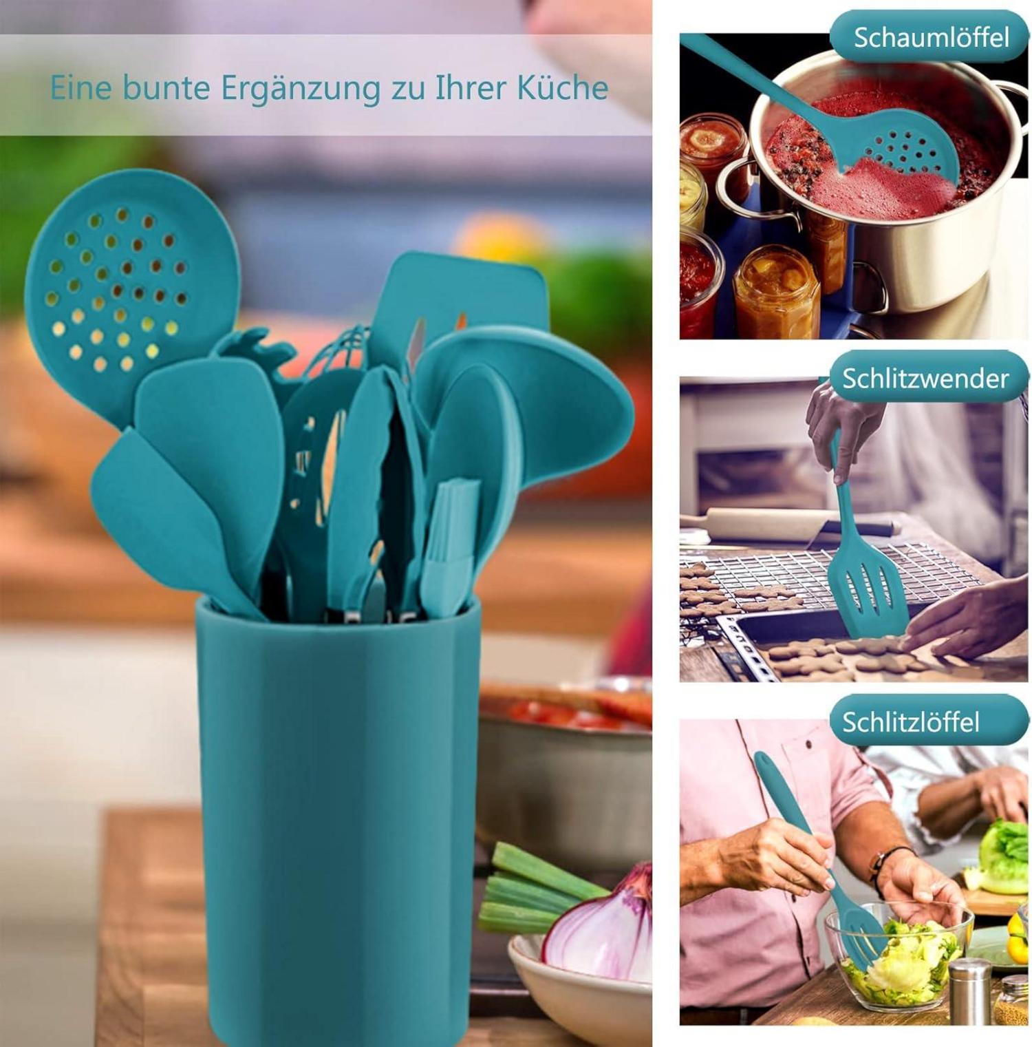 12-teilig Silikon Kochutensilien Set Utensilienhalter Blau Antihaft Spülmaschinenfest