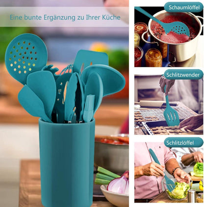 12-teilig Silikon Kochutensilien Set Utensilienhalter Blau Antihaft Spülmaschinenfest