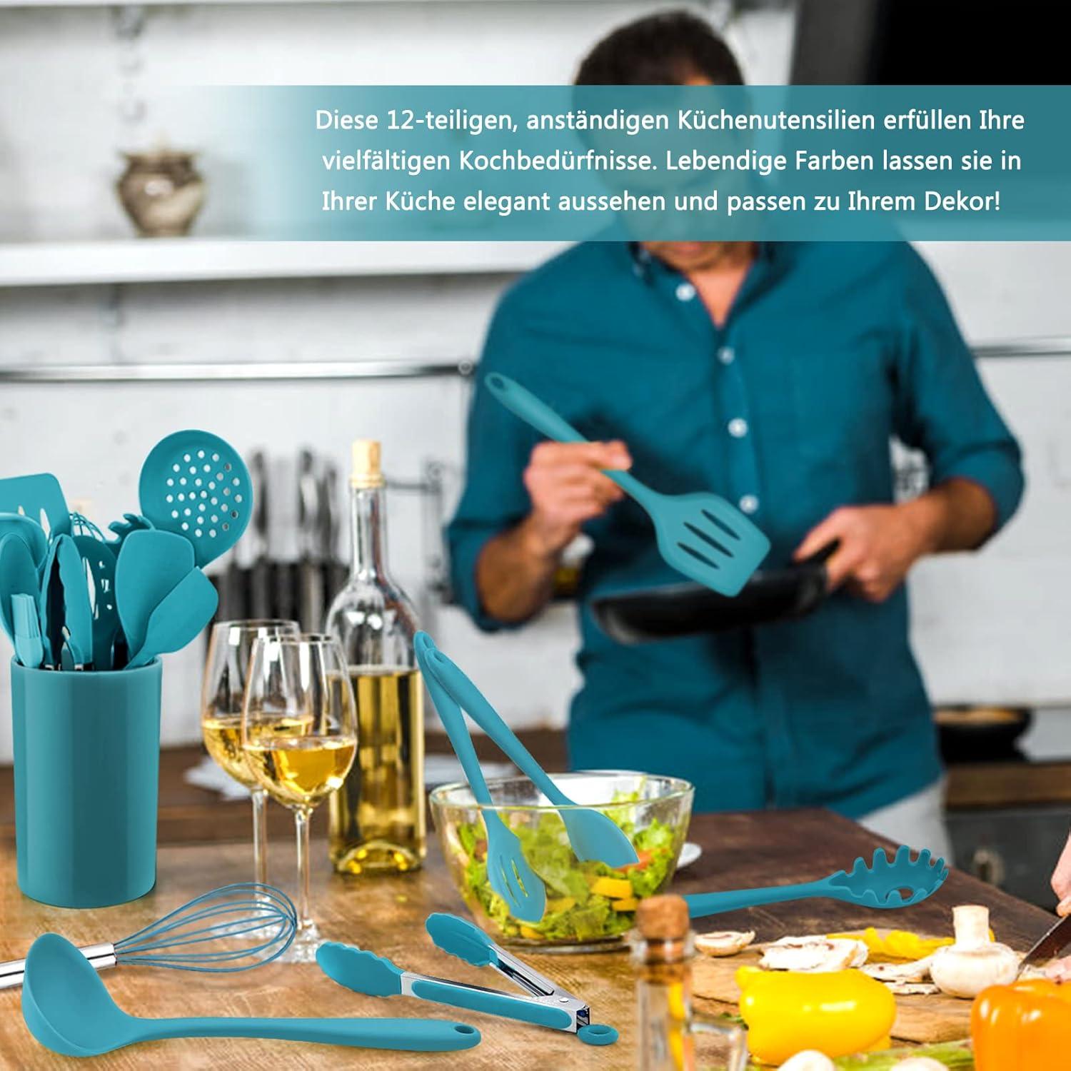 Silikon Küchenhelfer Set 12-teilig Antihaft Spülmaschinenfest Wildleder Blau