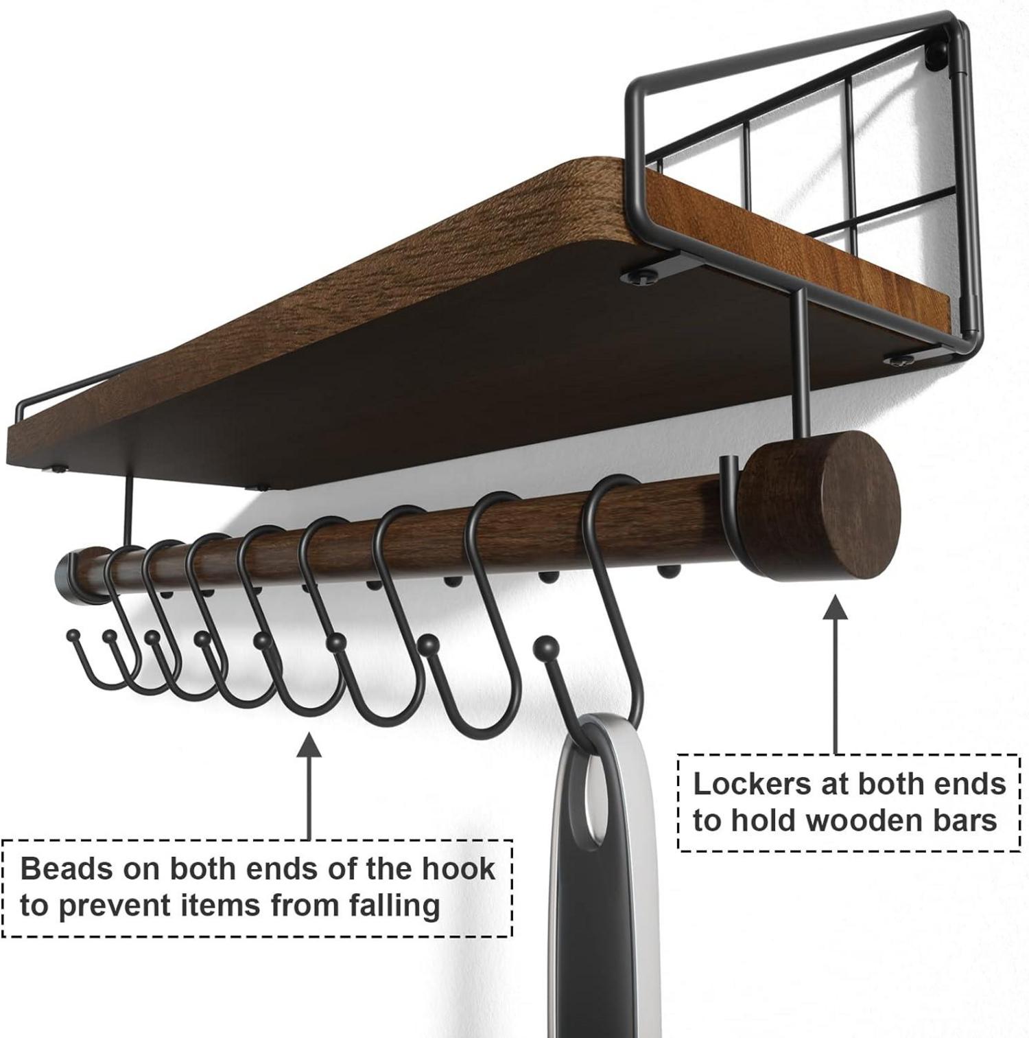 Alsonerbay Rustikales Wandregal Schwarz Metall mit Holzregal und Haken