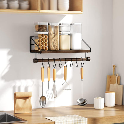 Wandregal Holz Gewürzregal Küchenregal Schwarz Metall Haken