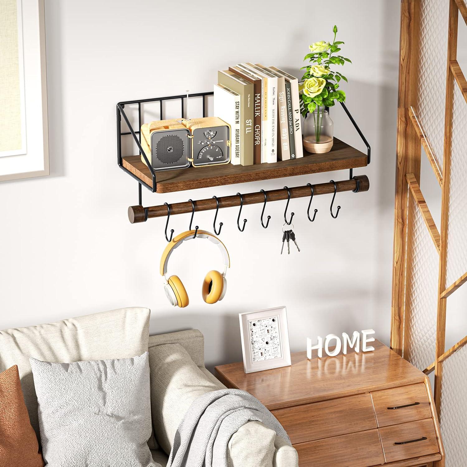 Wandregal Holz Gewürzregal Schwarz Metall Haken Handtuchhalter