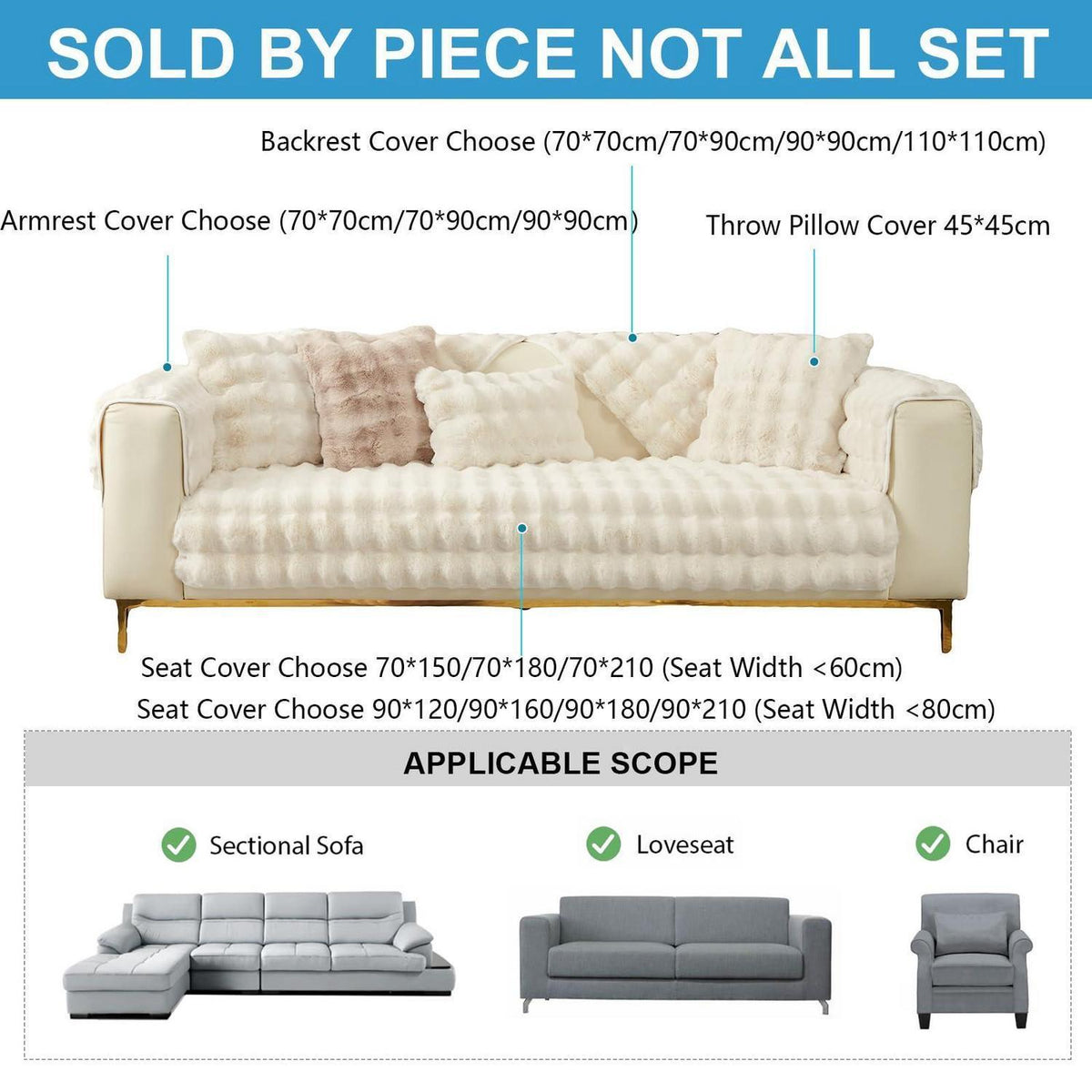 Weicher Sofaüberzug Kunstpelz Rutschfest Beige Weiß 90x160cm