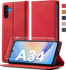 Samsung Galaxy A34 5G Hülle Leder mit Schutzfolie, Klappbar Flip
