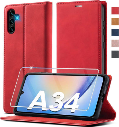 Samsung Galaxy A34 5G Hülle Leder mit Schutzfolie, Klappbar Flip
