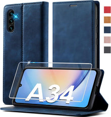 A34 5G Hülle Leder mit Schutzfolie Wallet Case Blau