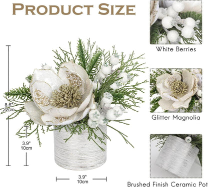 Kunstpflanze Weihnachtsdeko Magnolie Gesteck Keramiktopf