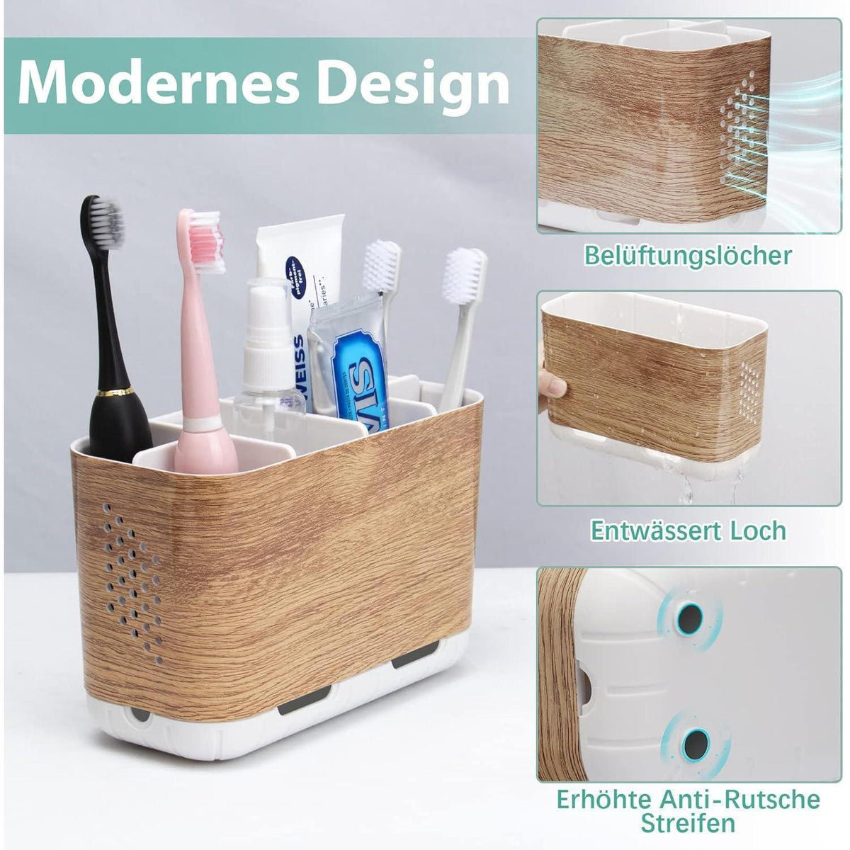 Zahnbürstenhalter Holzmaserung mit Trennwänden