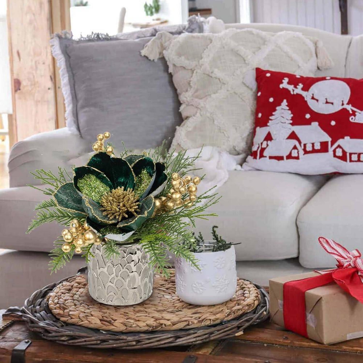 Kunstpflanze Weihnachtsdeko Magnolie Gestecke Tannenzapfen - Grün