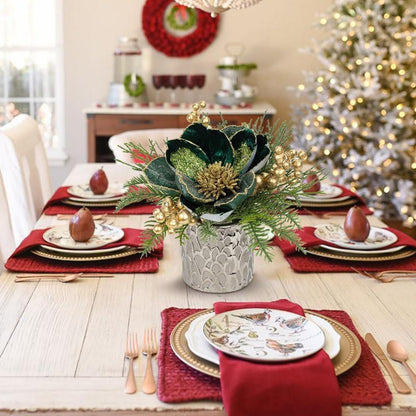 Kunstpflanze Weihnachtsdeko Magnolie Tannenzweig Gesteck Keramiktopf