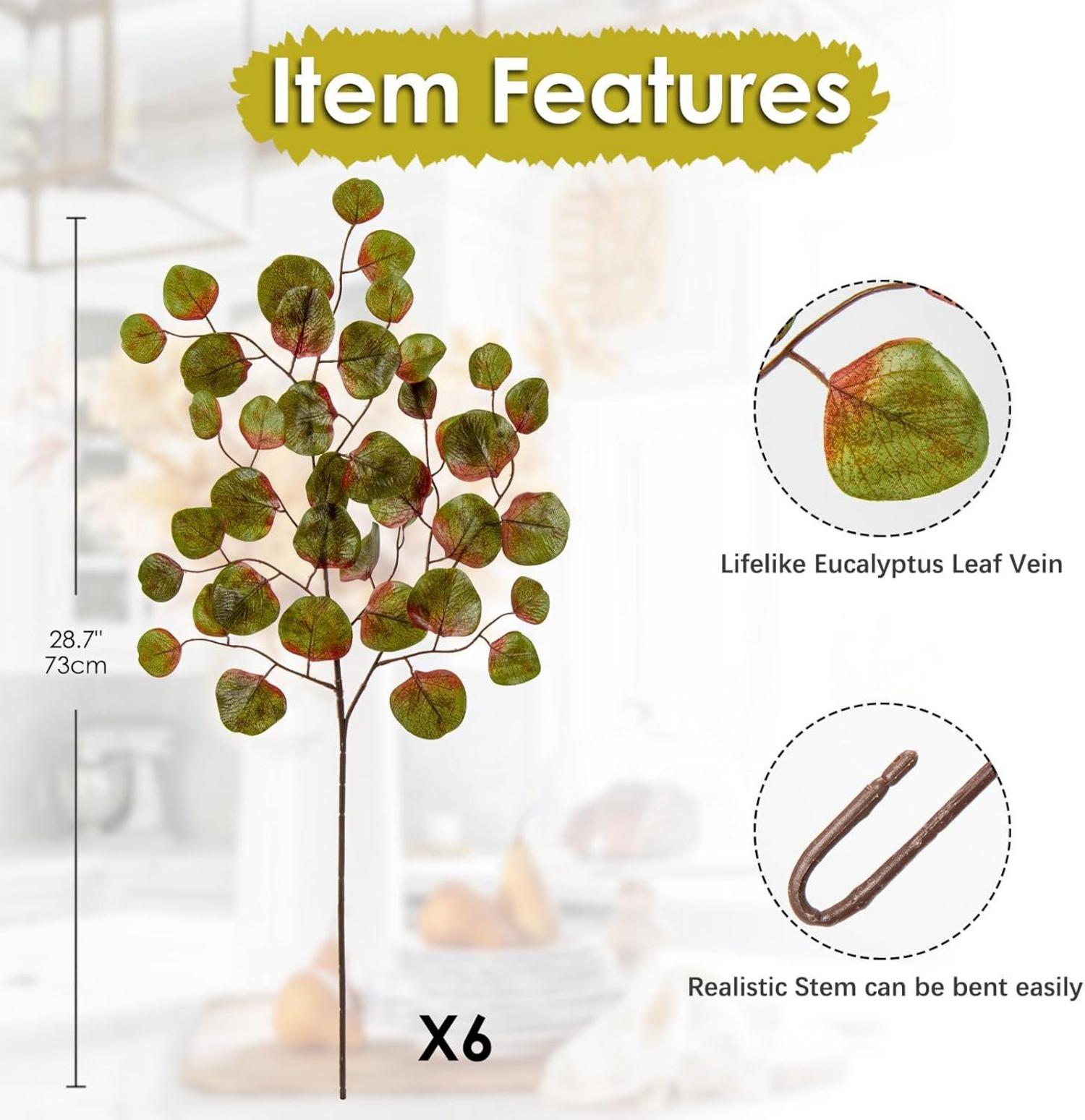 6er Set Künstliche Eukalyptus Zweige Herbstdeko für Hochzeit