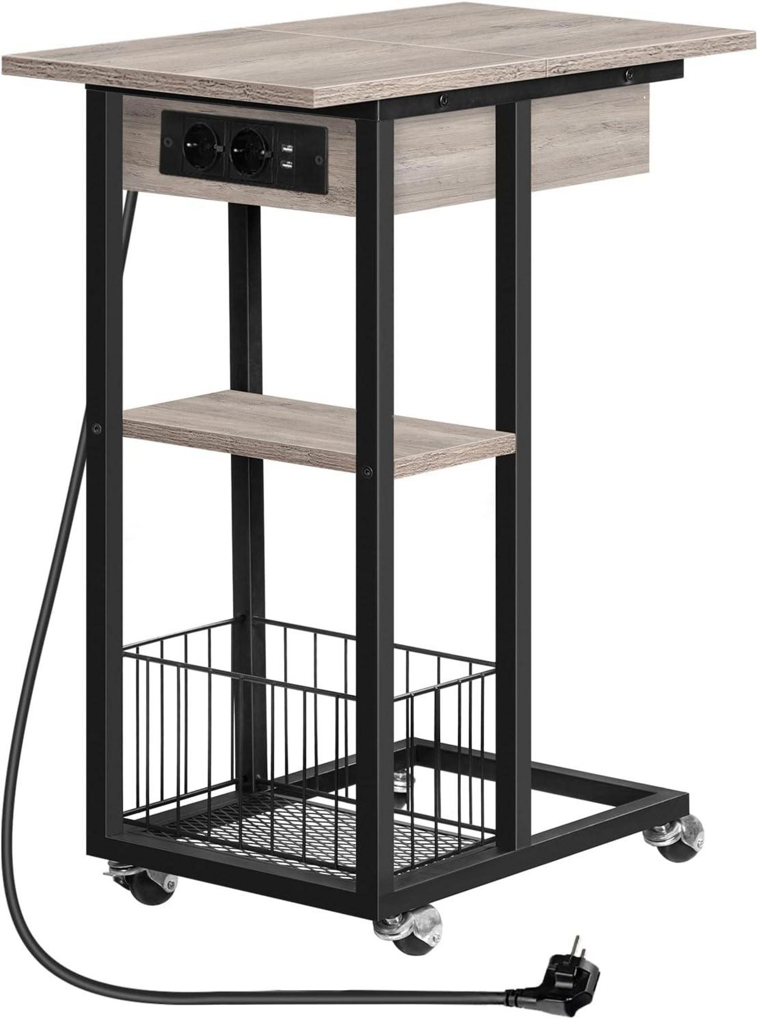 Beistelltisch mit Ladestation und Rädern, C-Form Sofatisch