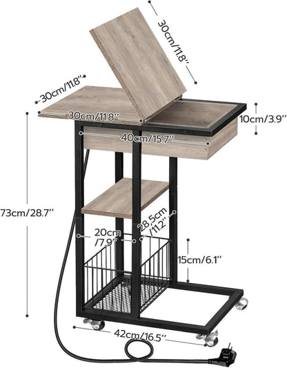 Beistelltisch mit Ladestation und Rädern, C-Form Sofatisch