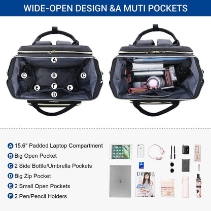 Damen Laptoprucksack 15,6 Zoll Wasserfest USB Ladeanschluss Schwarz