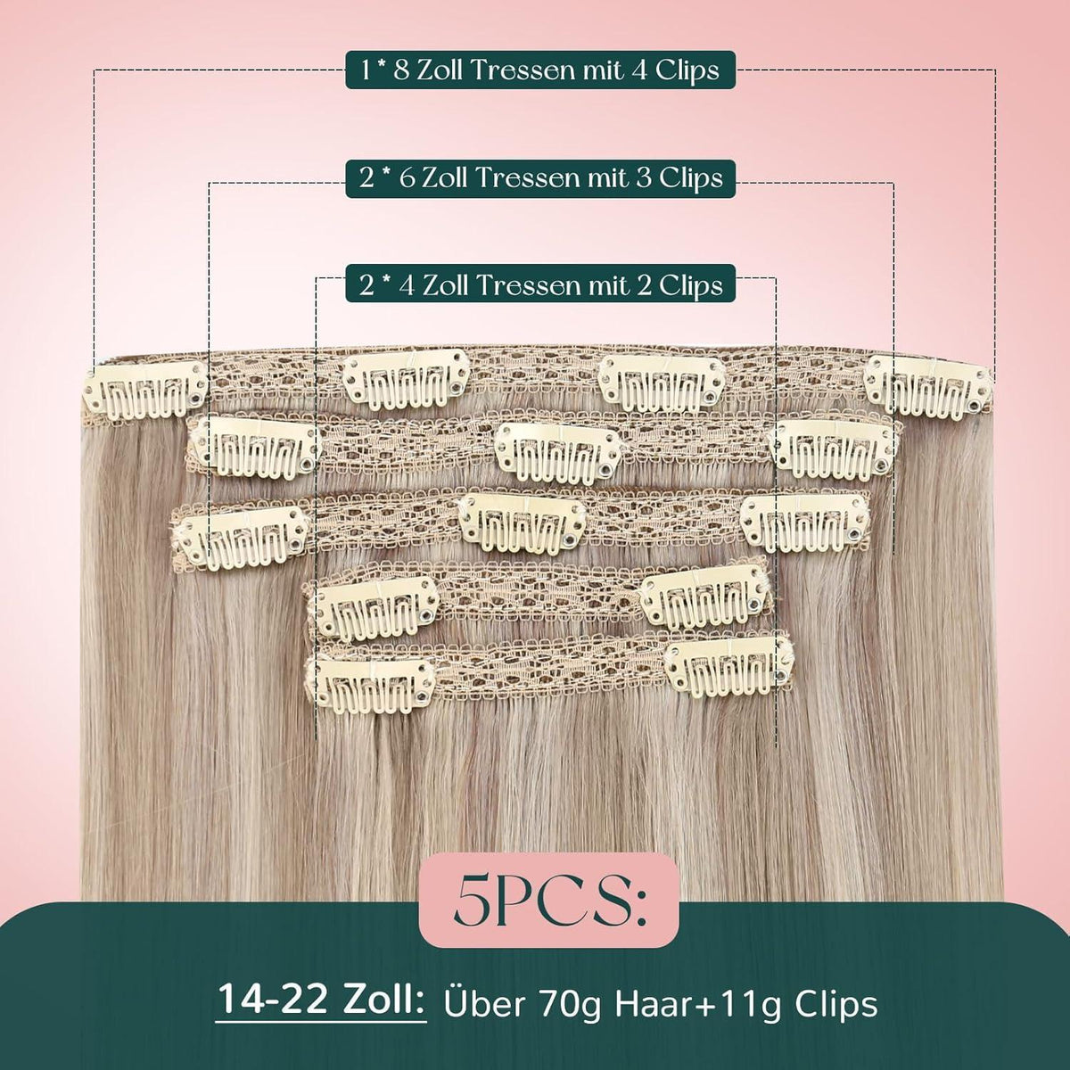 Clip-in Haarverlängerung Echthaar Aschblond Mix Gelb Blond 40cm