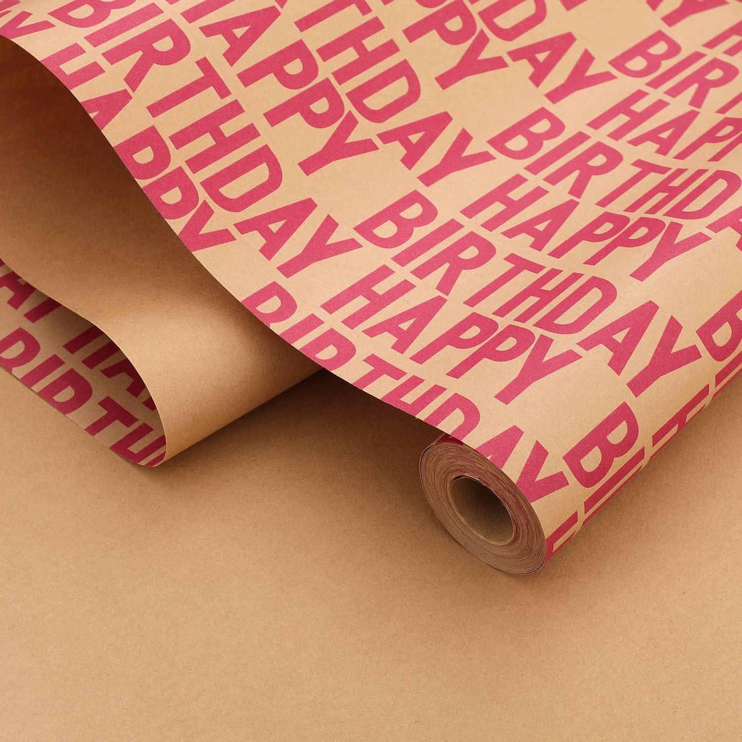 HBell Rotes Geburtstags-Geschenkpapier-Set, Kraftpapier, Happy Birthday, 15 m, Jungen Mädchen