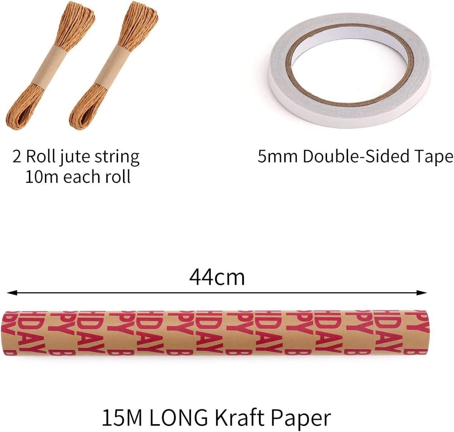 Rotes Happy Birthday Kraft-Geschenkpapierrolle 15m mit Zubehör