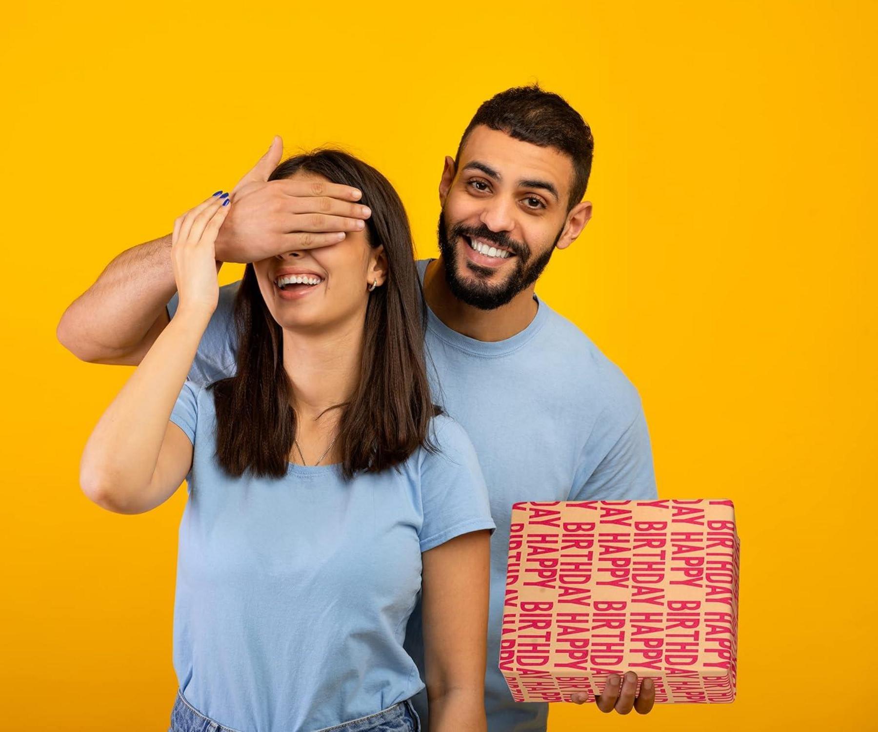 Rotes Happy Birthday Kraft-Geschenkpapierrolle 15m mit Zubehör