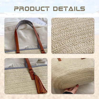 Stroh Handtasche Damen Sommer Umhängetasche Strandtasche Boho Shopper