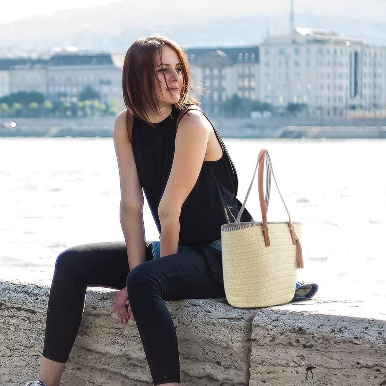 Stroh Handtasche Damen Sommer Strandtasche Umhängetasche Boho Stil