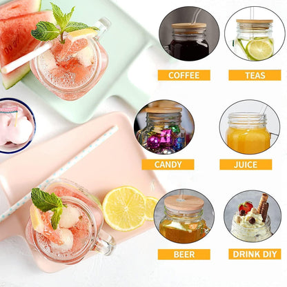 Cocktailgläser mit Henkel und Deckel Glasstrohalme 500ml 4x