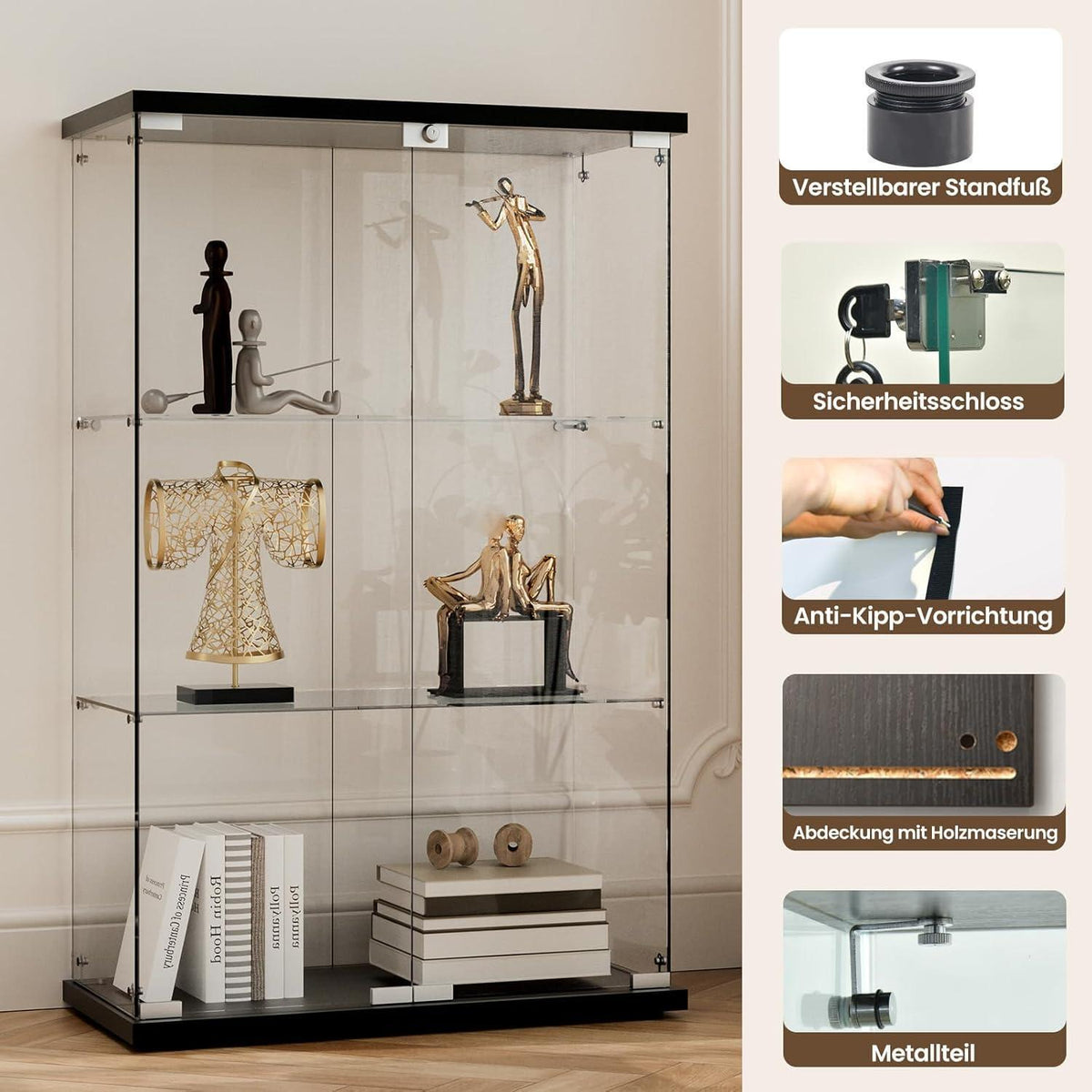 Standvitrine Schwarz – Glasvitrine mit 3 Böden & Schloss