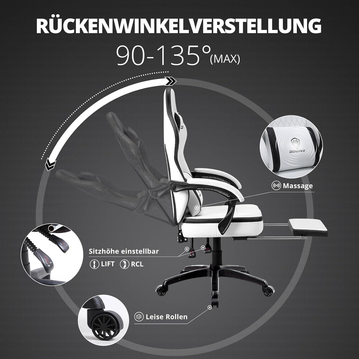 Dowinx Gaming Stuhl mit Massage Lendenwirbelstütze und Fußstütze, Schwarz
