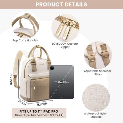 Eleganter Damen Mini Rucksack Wasserdicht USB Ladeanschluss Khaki Beige 11 Zoll