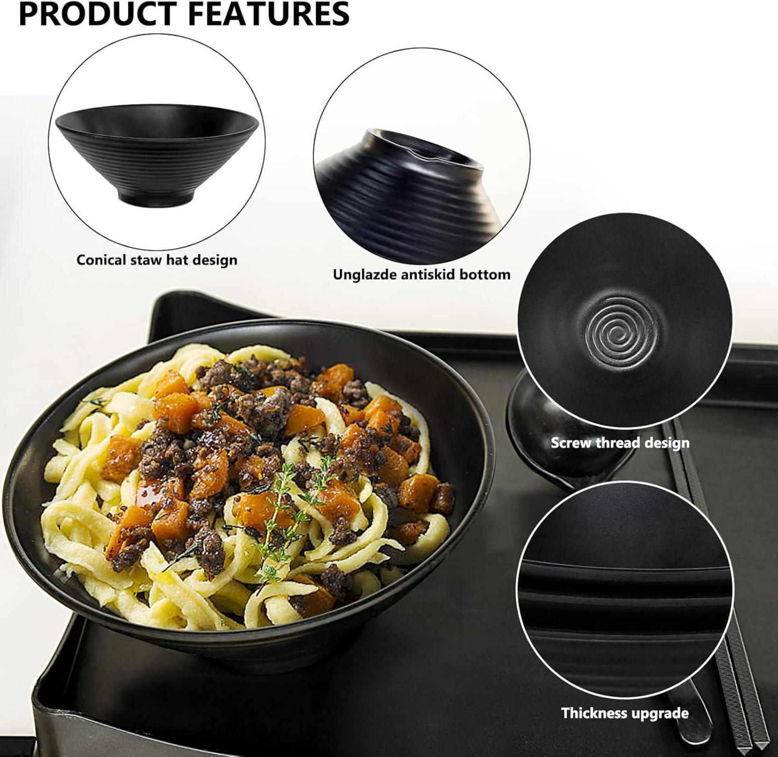 Ramen Schüssel Set aus melamin | 4er Pack Suppenschüsseln 40 OZ | Schwarz