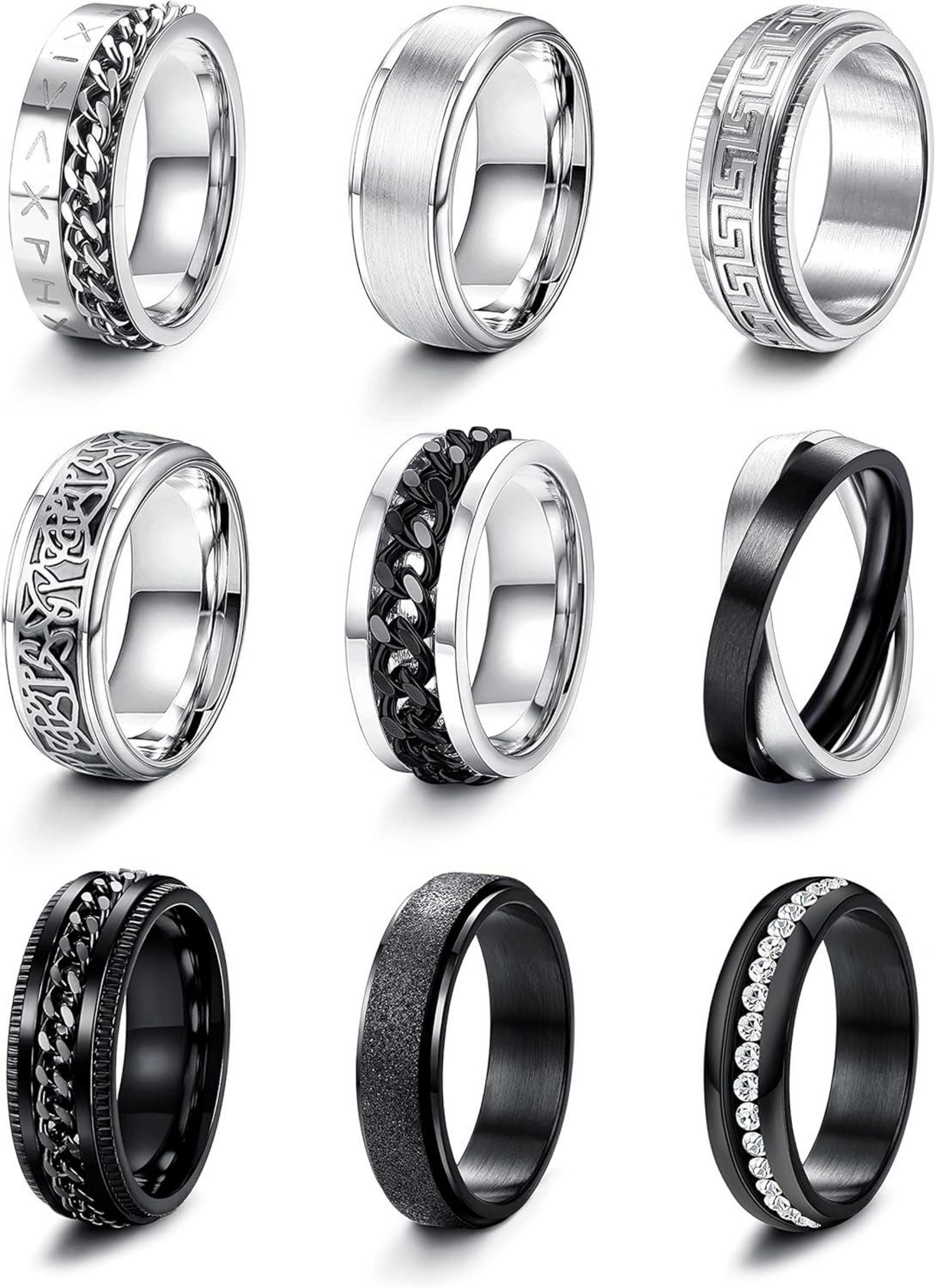 Edelstahl Herren Spinner Ringe Schwarz Silber Set 9-16 Stück