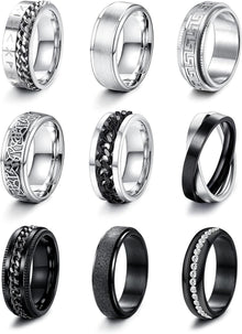 Edelstahl Herren Spinner Ringe Schwarz Silber Set 9-16 Stück