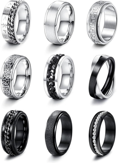 Edelstahl Herren Spinner Ringe Schwarz Silber Set 9-16 Stück