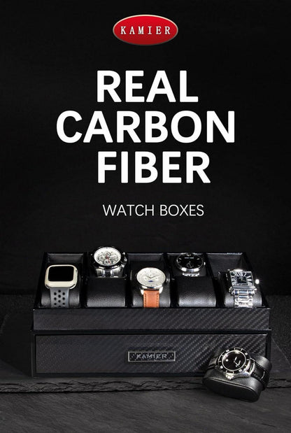 Uhrenbox Herren Echtholz Kohlefaser 10 Fächer Uhrenkoffer 2 Ebenen