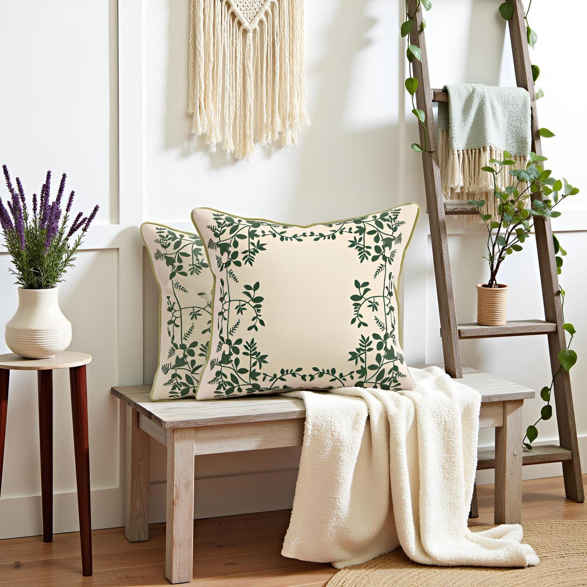 Bestickte Kissenbezüge 45x45cm - Grüne Blätter & Blumenmuster