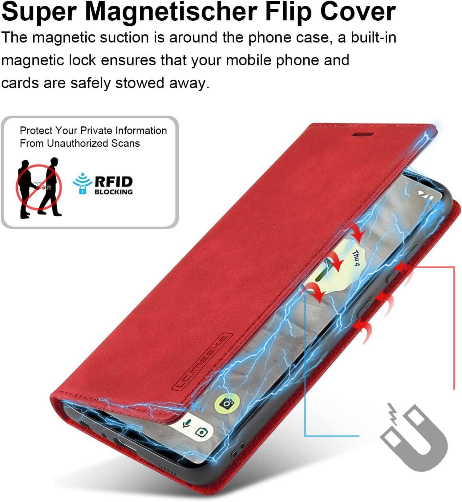 Handyhülle Google Pixel 7 Pro Leder Klappbar Flip Wallet 5G Rot