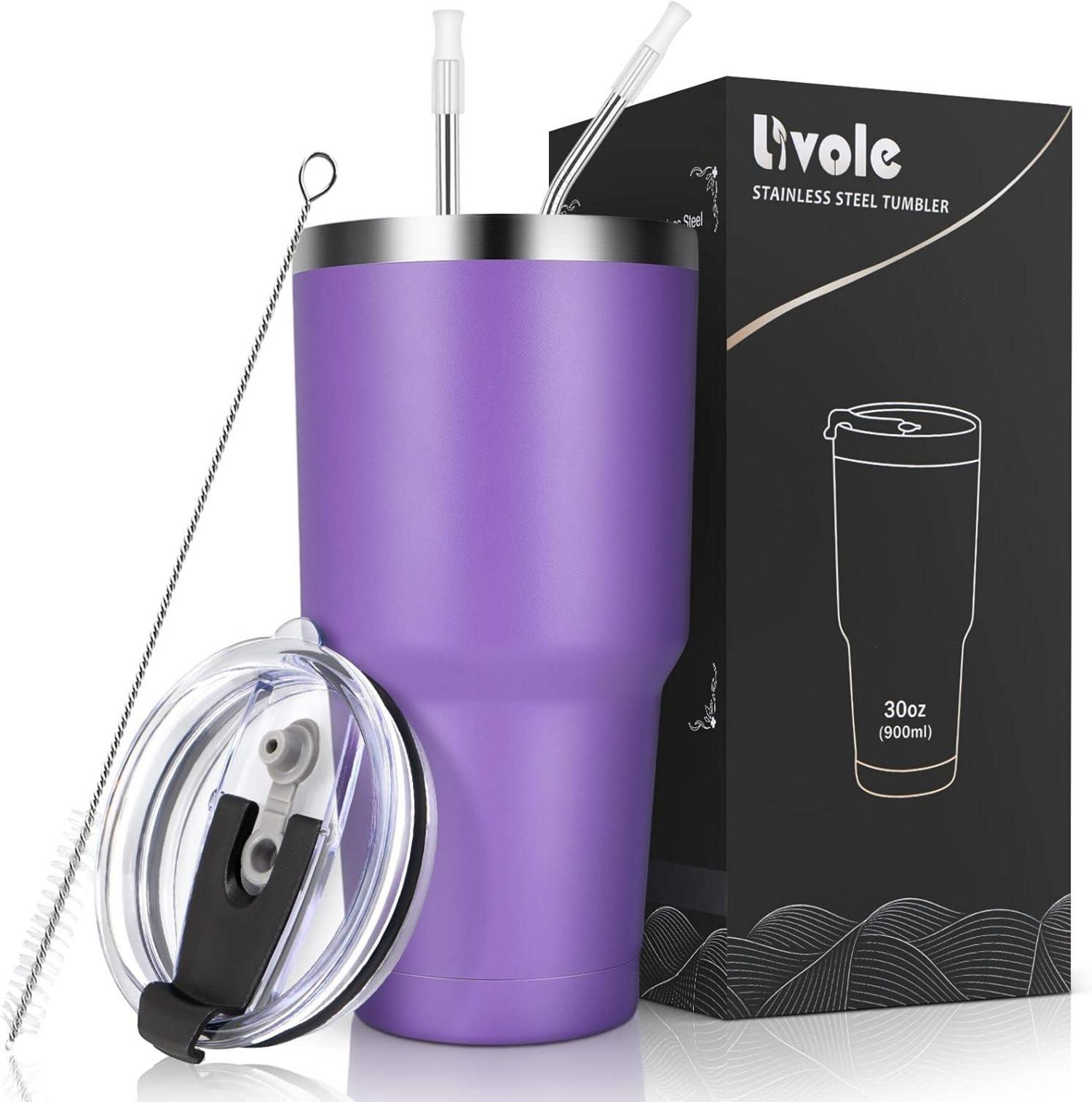 Livole 30oz Trinkbecher mit Strohhalm, Edelstahl, Isoliert, Lila